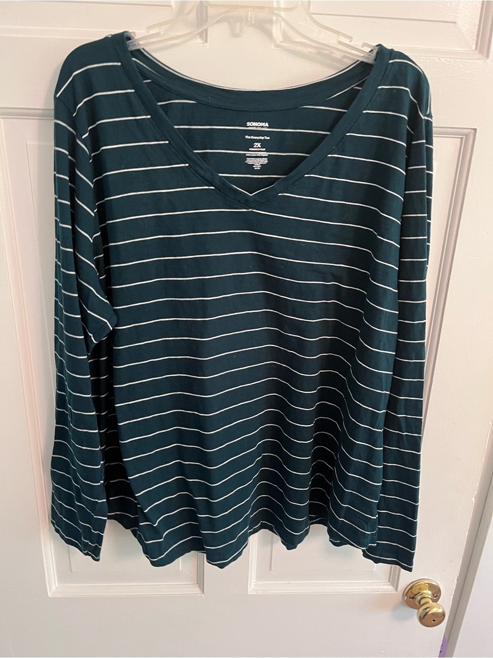 Sonoma Dark Teal Green & White Striped V-Neck Everyday Tee Layering sz 2X